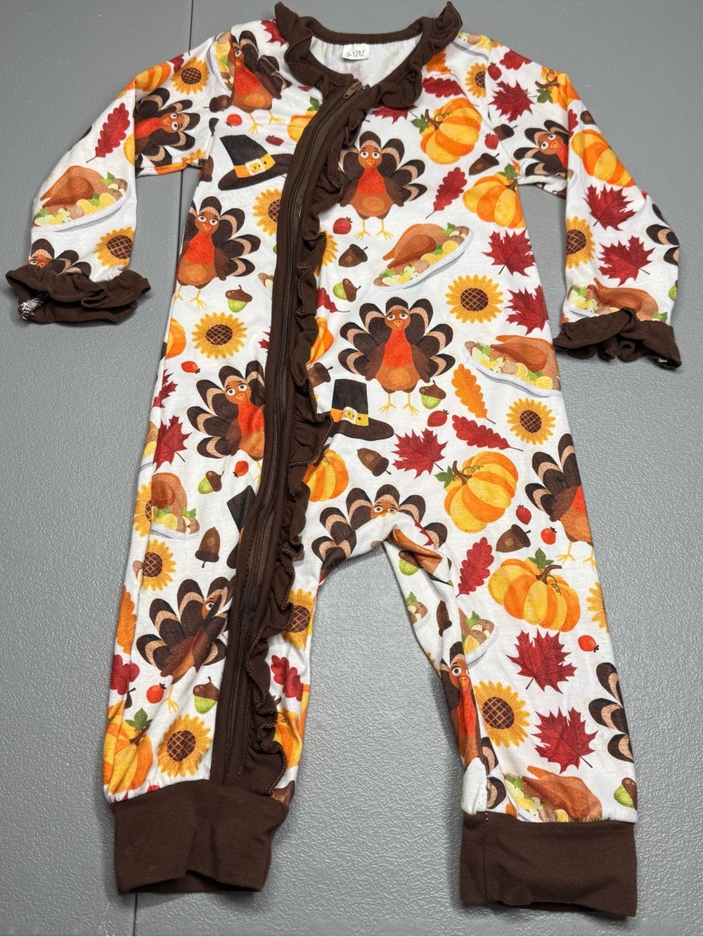 Girls Thanksgiving Turkey Print Footie One-Piece - Brown Trim